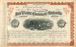 Fort Wayne, Cincinnati and Louisville Railroad Co. issued to and signed by Elijah Smith - Stock Certificate